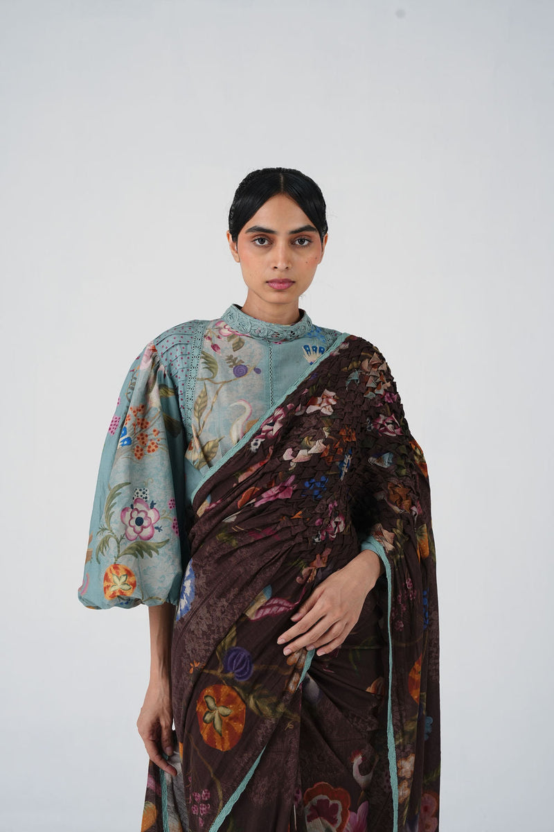 Beth Top-Blue Floret cotton silk top and shirts by CORD in multi-color for women in Singapore