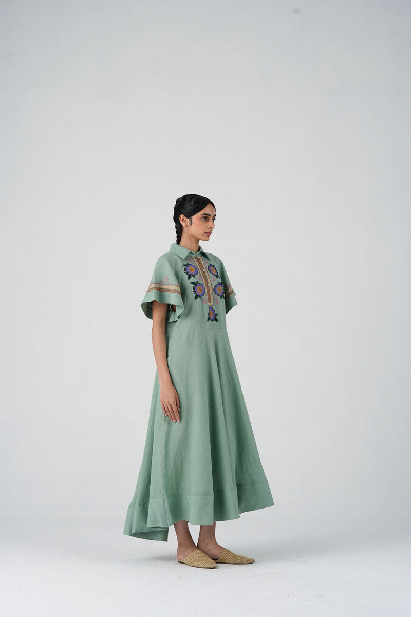 Maya Dress-Blue Marigold linen dress by CORD in multi-color for women in Singapore