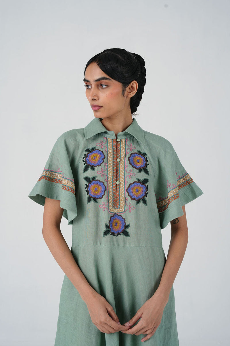 Maya Dress-Blue Marigold linen dress by CORD in multi-color for women in Singapore