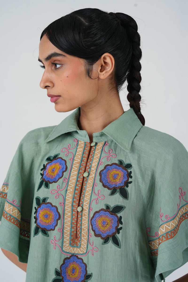Maya Dress-Blue Marigold linen dress by CORD in multi-color for women in Singapore