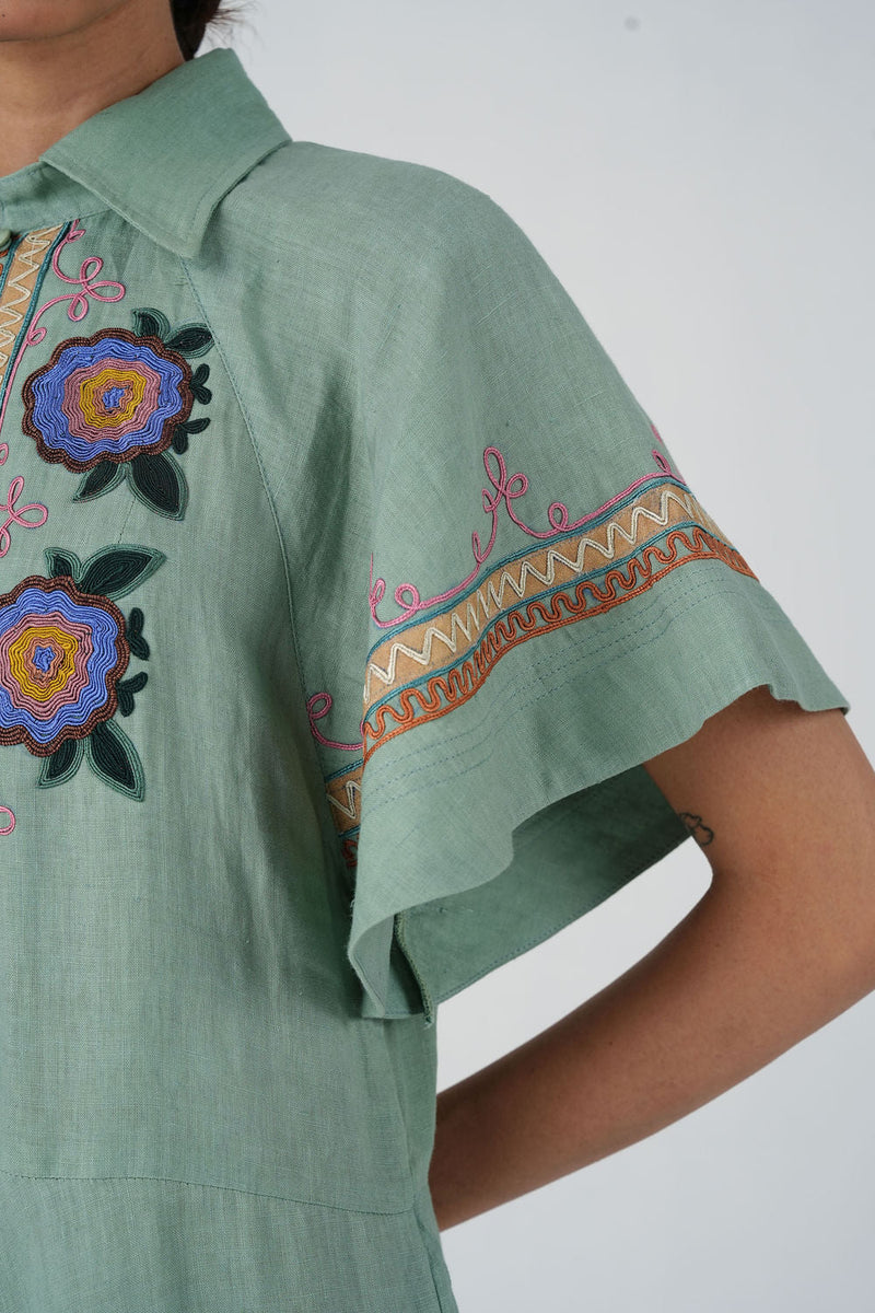 Maya Dress-Blue Marigold linen dress by CORD in multi-color for women in Singapore