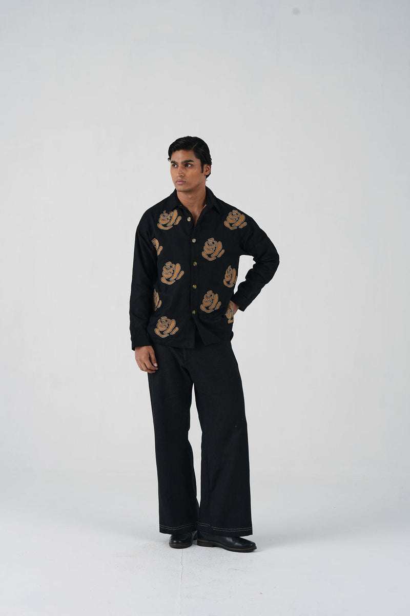 Tram Set-Rose Bloom Black linen co-ord set by CORD MEN in multi-color for men in Singapore