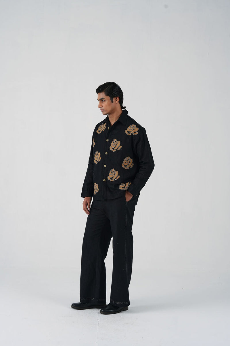 Tram Set-Rose Bloom Black linen co-ord set by CORD MEN in multi-color for men in Singapore
