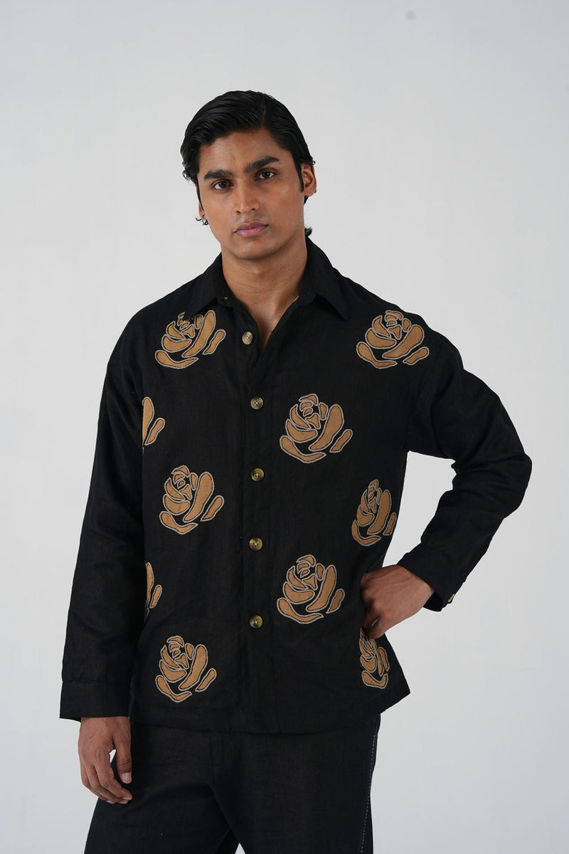 Tram Jacket-Rose Bloom Black linen jacket by CORD MEN in multi-color for men in Singapore