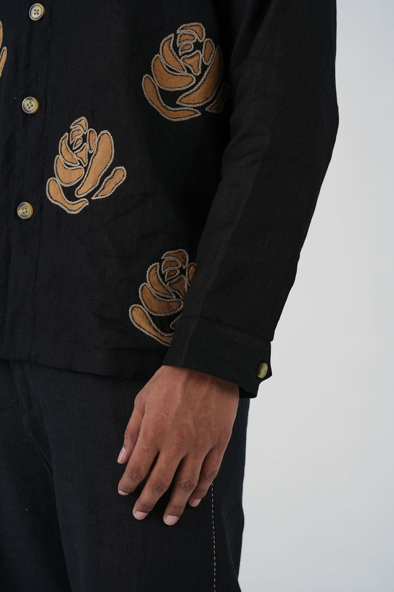 Tram Jacket-Rose Bloom Black linen jacket by CORD MEN in multi-color for men in Singapore