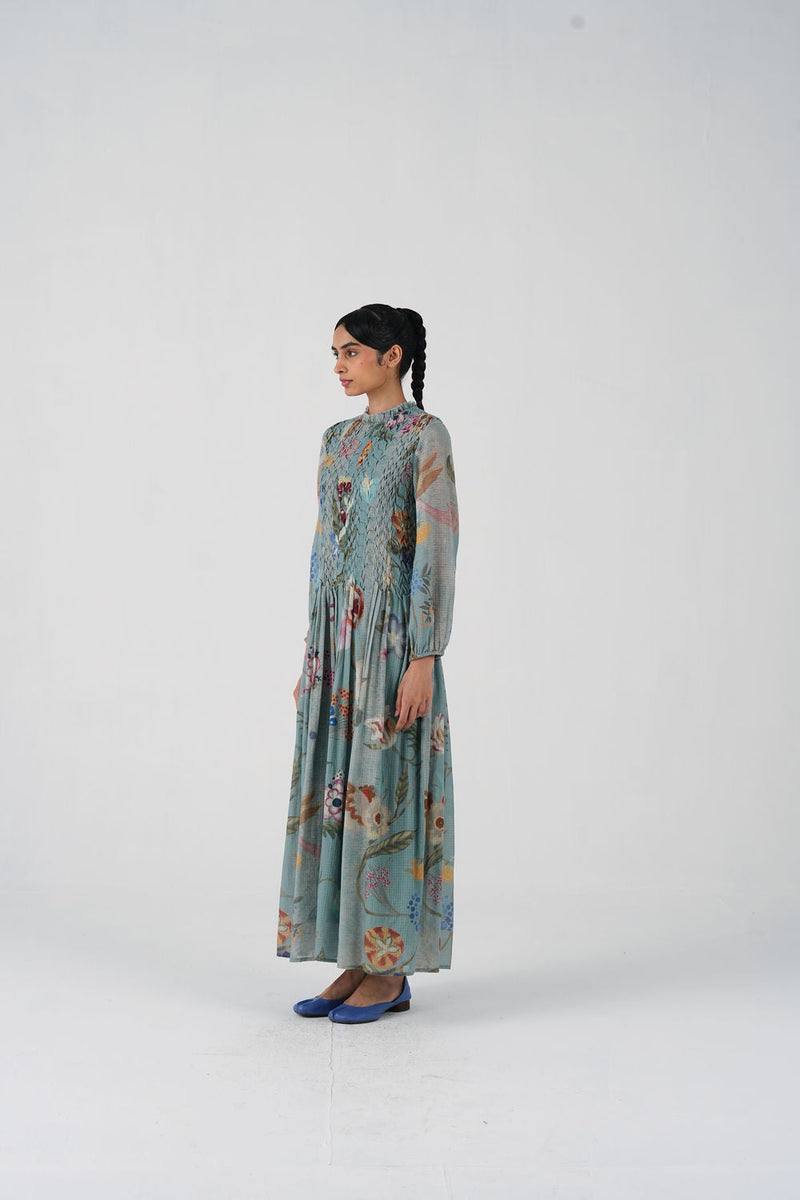 June Dress-Blue Floret cotton dress by CORD in multi-color for women in Singapore