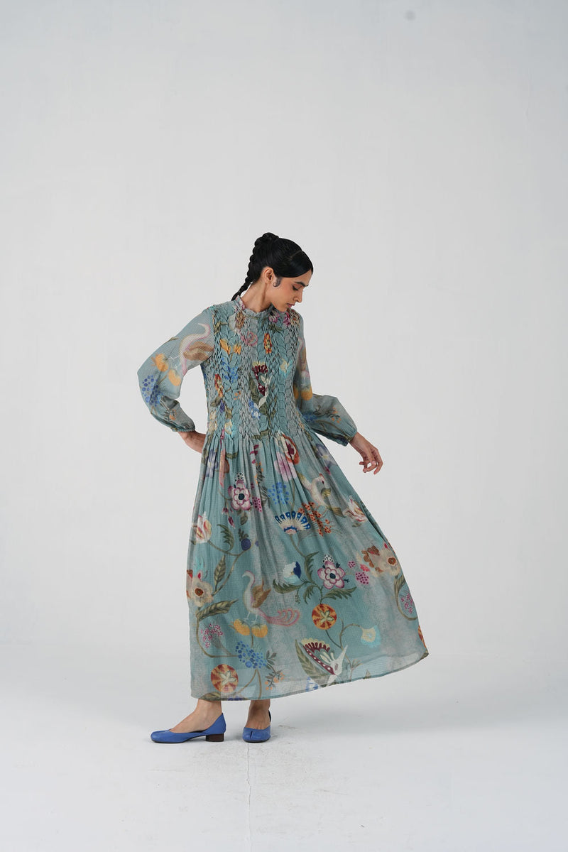 June Dress-Blue Floret cotton dress by CORD in multi-color for women in Singapore