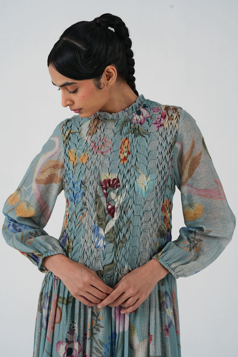 June Dress-Blue Floret cotton dress by CORD in multi-color for women in Singapore