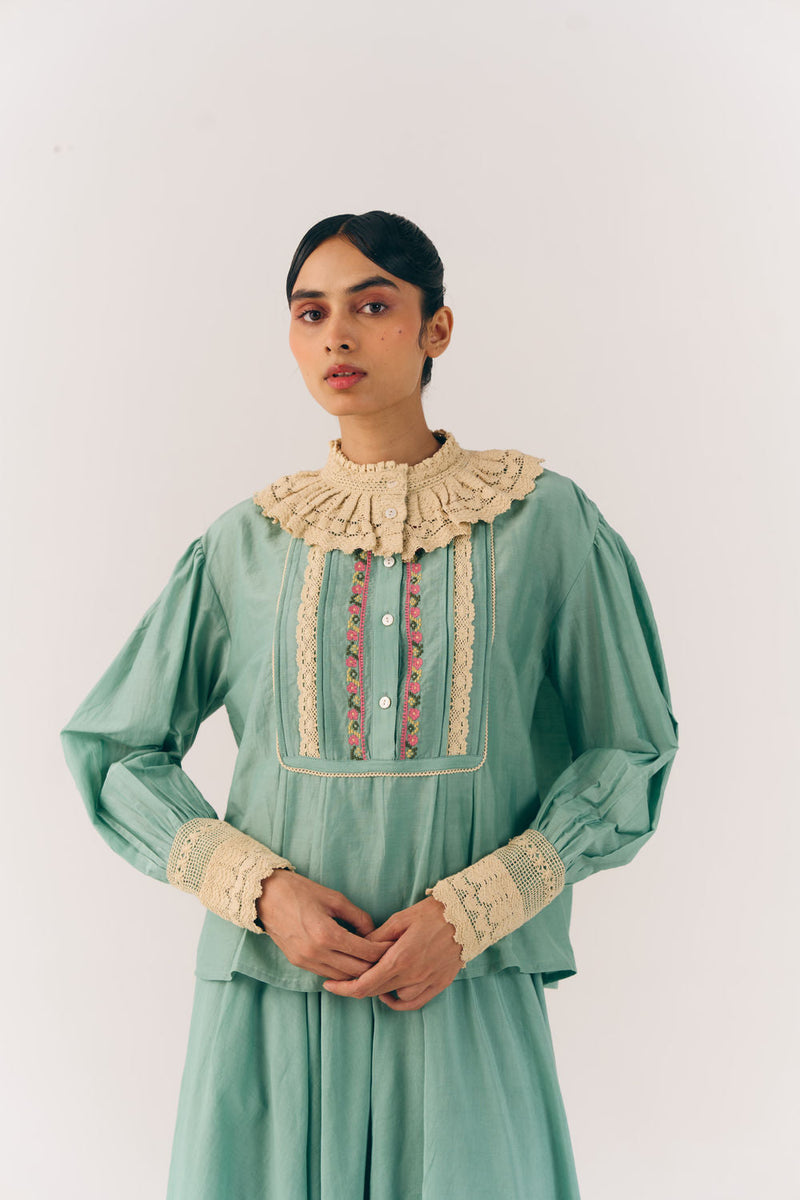 Audrey Top-Aqua Floret cotton silk top and shirts by CORD in multi-color for women in Singapore