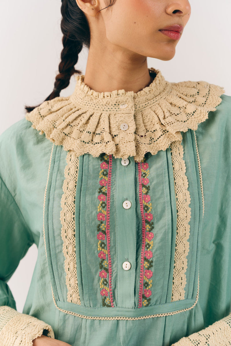 Audrey Top-Aqua Floret cotton silk top and shirts by CORD in multi-color for women in Singapore