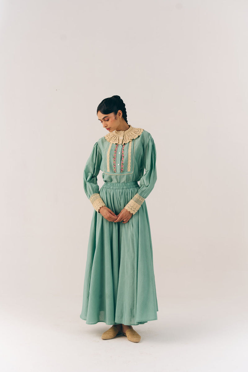 Audrey Top-Aqua Floret cotton silk top and shirts by CORD in multi-color for women in Singapore