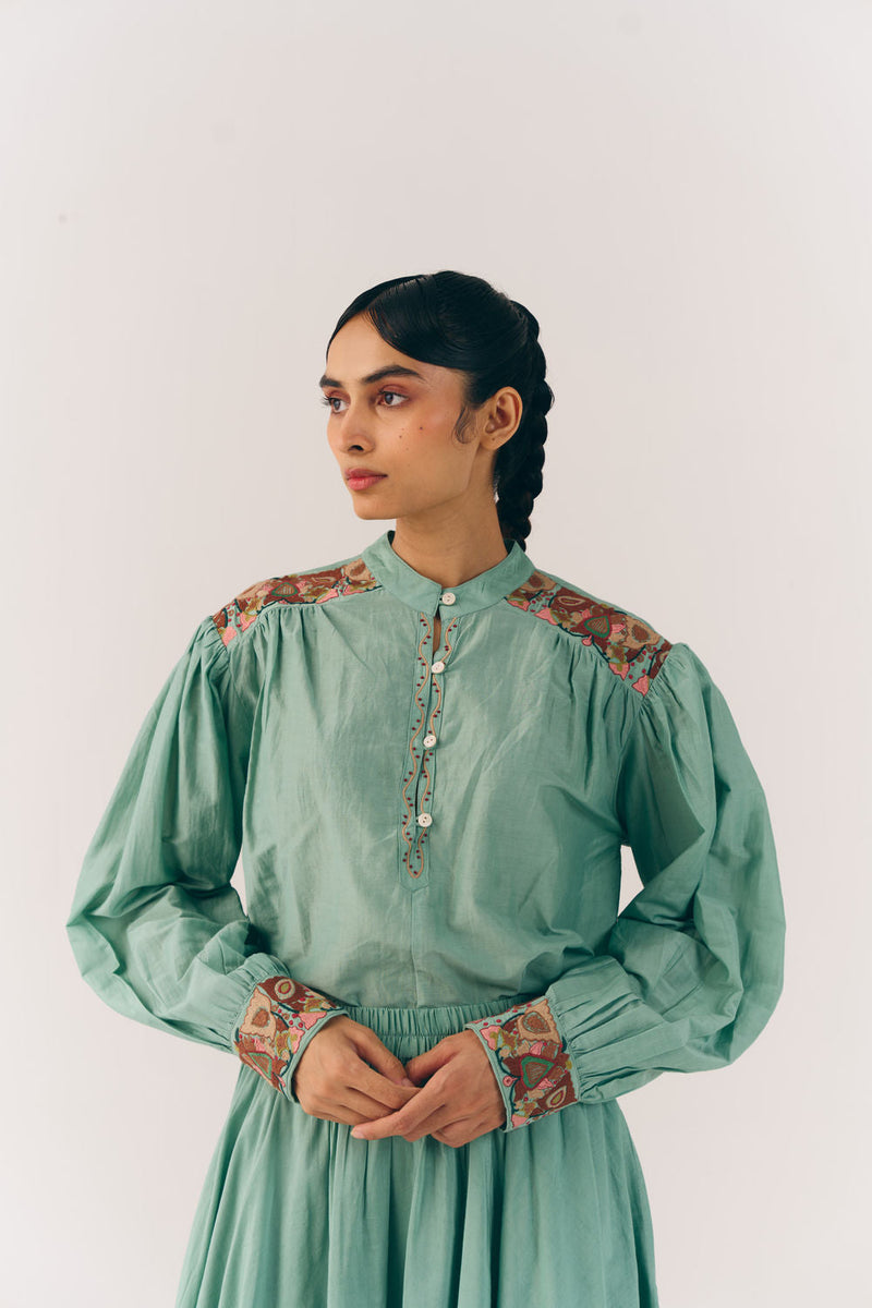 Peasent Top-Aqua Fleur cotton silk top and shirts by CORD in multi-color for women in Singapore