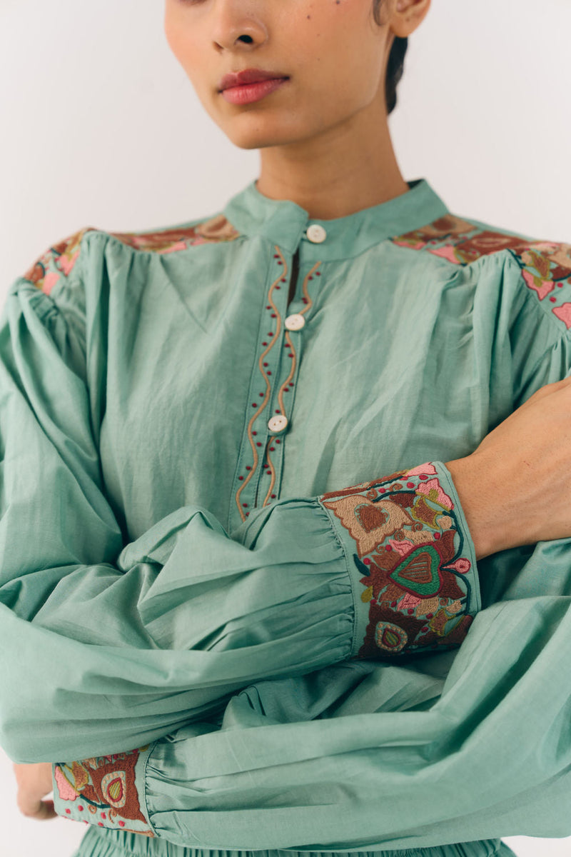 Peasent Top-Aqua Fleur cotton silk top and shirts by CORD in multi-color for women in Singapore