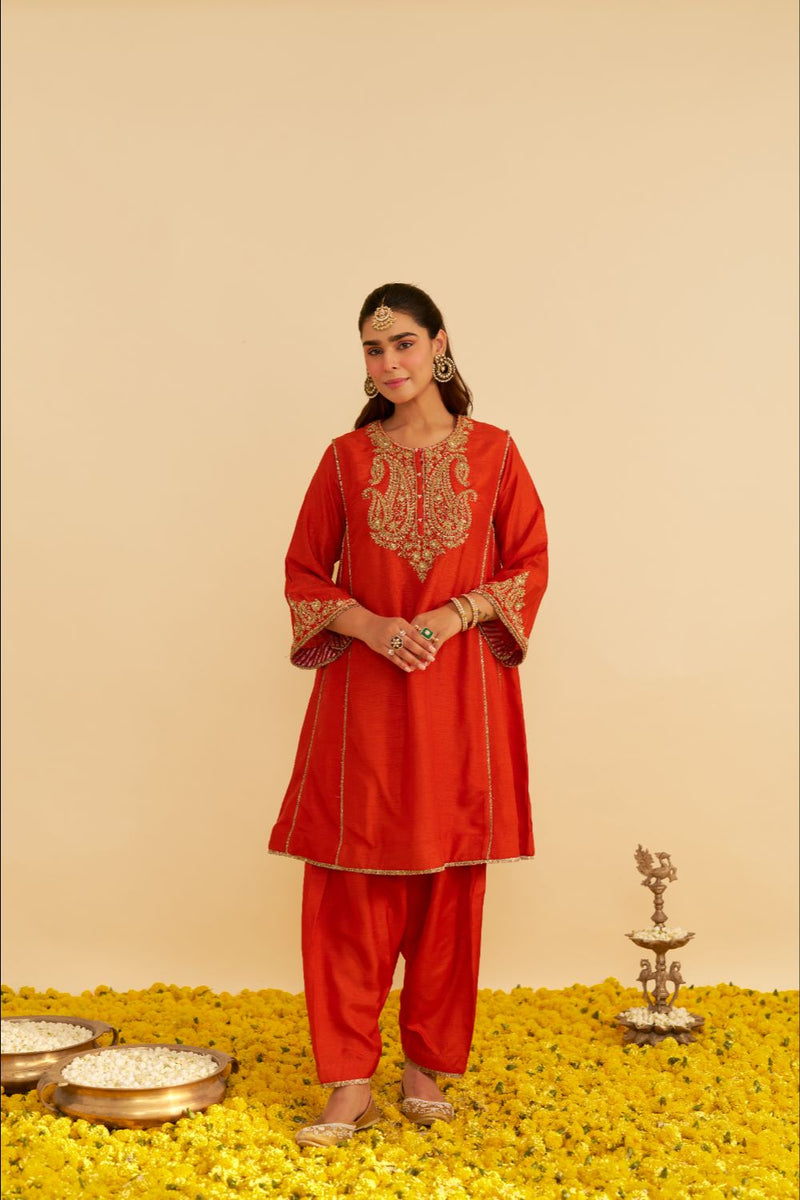 Ayra - Short Chauga With Salwar-Burnt Orange silk by SHEETAL BATRA in orange color for women in Singapore