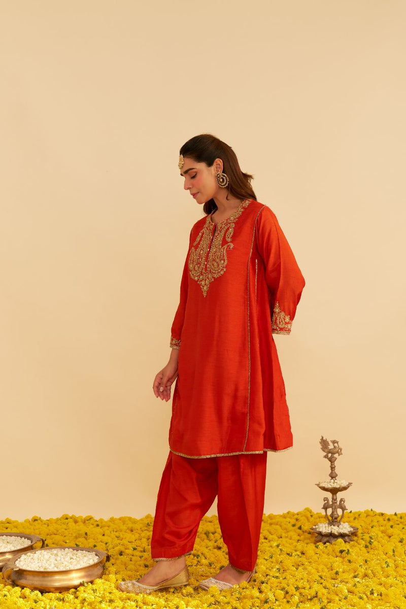 Ayra - Short Chauga With Salwar-Burnt Orange silk by SHEETAL BATRA in orange color for women in Singapore