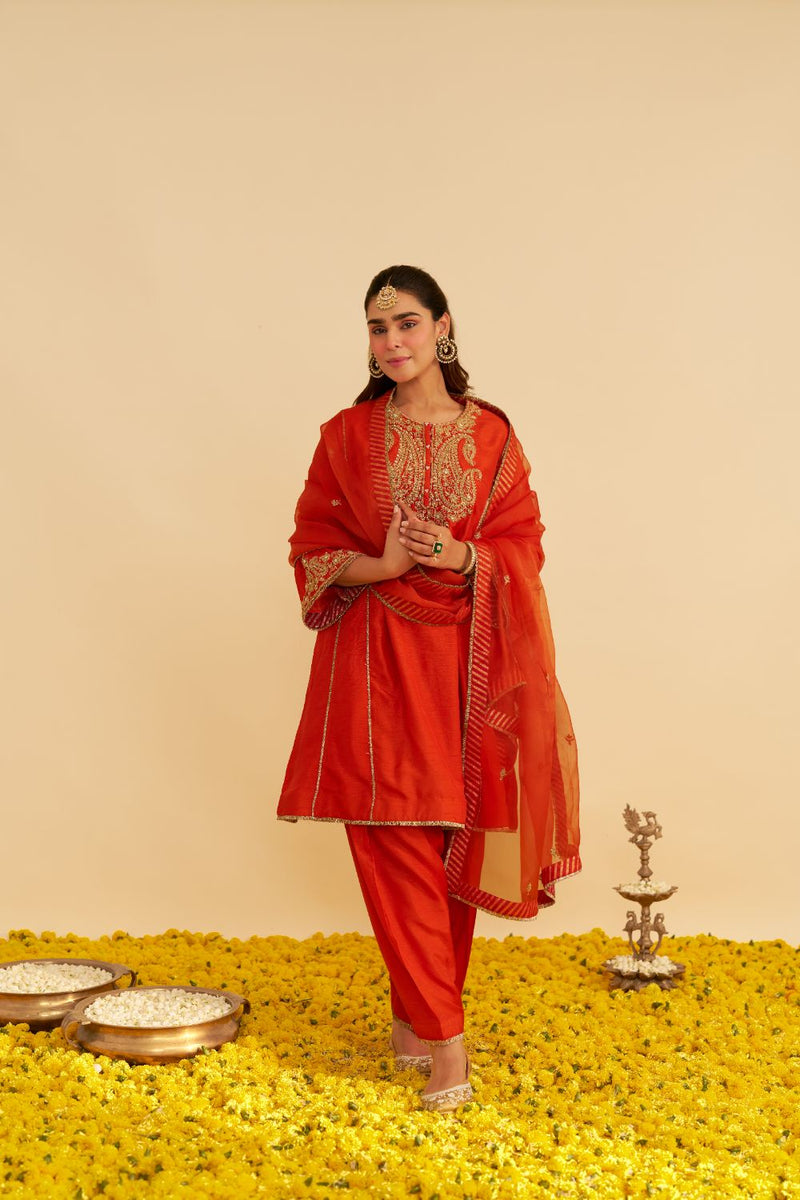 Ayra - Short Chauga With Salwar-Burnt Orange silk by SHEETAL BATRA in orange color for women in Singapore