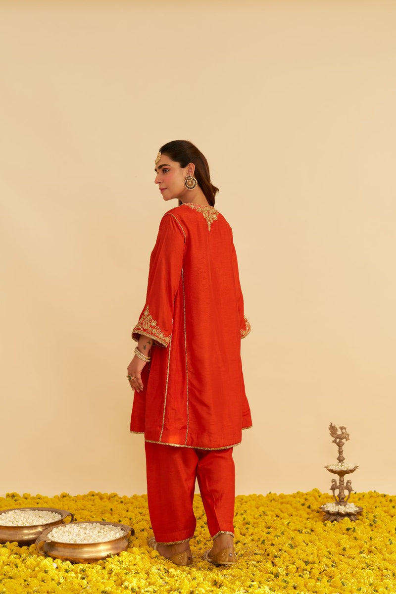 Ayra - Short Chauga With Salwar-Burnt Orange silk by SHEETAL BATRA in orange color for women in Singapore