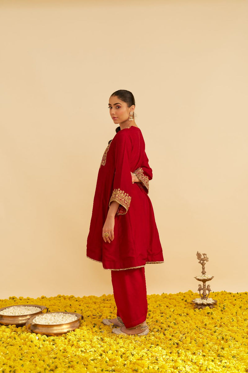 Mehza - Short Chauga With Salwar-Deep Red silk by SHEETAL BATRA in red color for women in Singapore