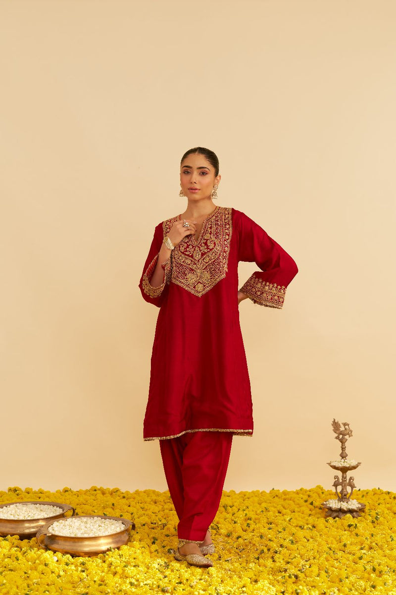 Mehza - Short Chauga With Salwar-Deep Red silk by SHEETAL BATRA in red color for women in Singapore