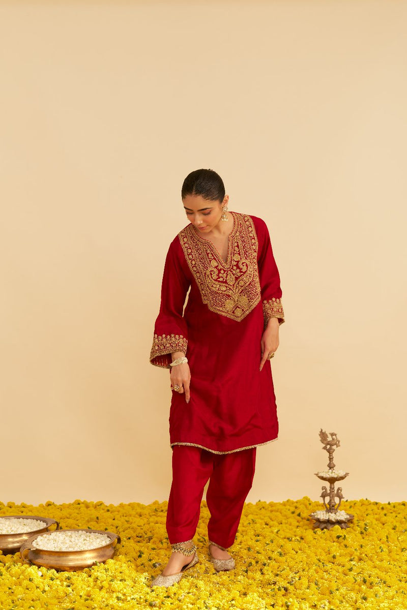 Mehza - Short Chauga With Salwar-Deep Red silk by SHEETAL BATRA in red color for women in Singapore