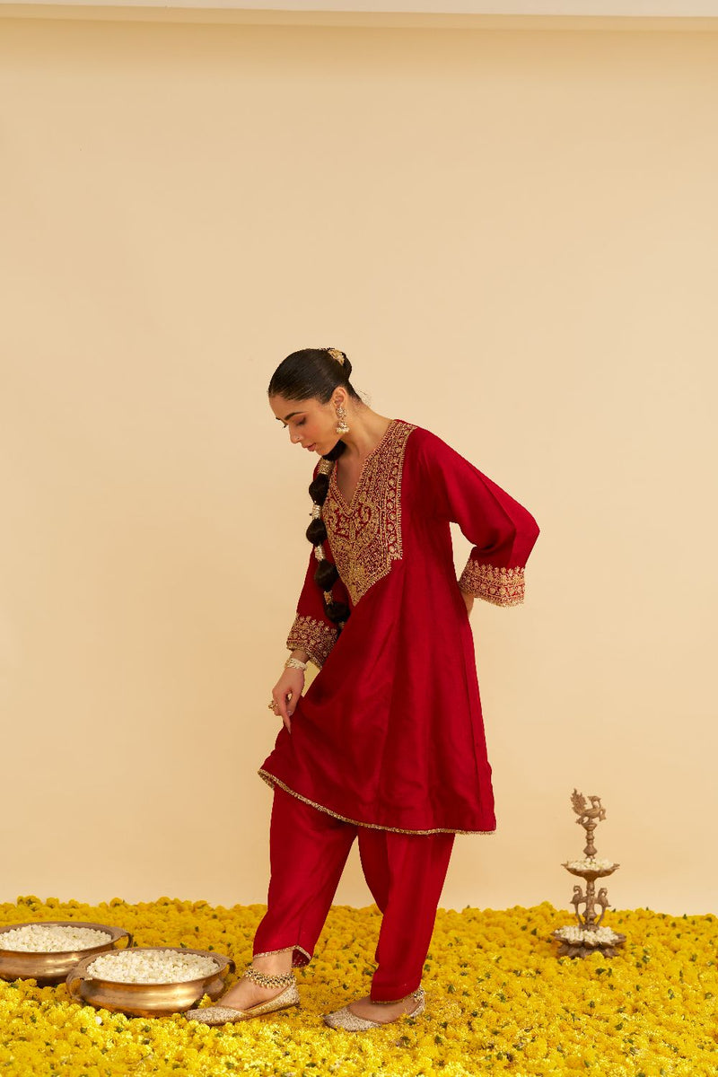 Mehza - Short Chauga With Salwar-Deep Red silk by SHEETAL BATRA in red color for women in Singapore