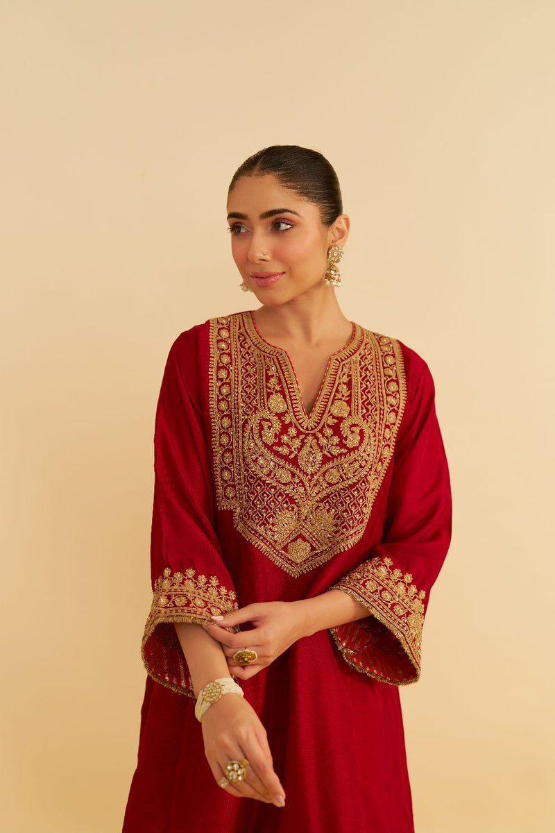 Mehza - Short Chauga With Salwar-Deep Red silk by SHEETAL BATRA in red color for women in Singapore