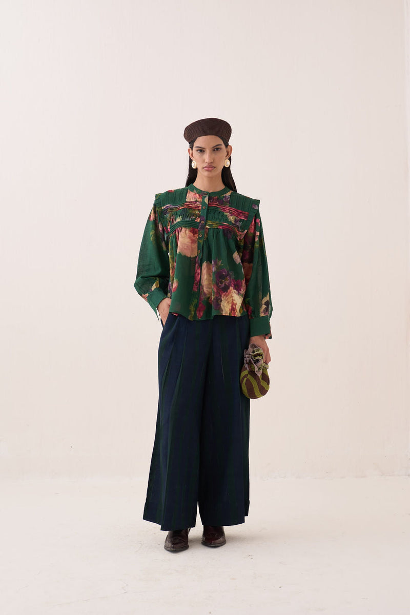 Rosarium Mystic Top cotton dobby top/shirt by O'Frida in green for women in Singapore