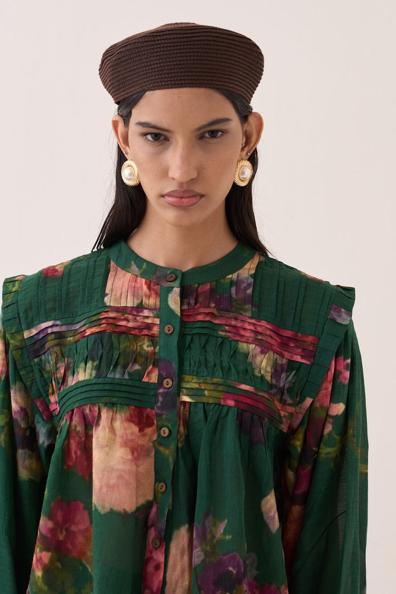Rosarium Mystic Top cotton dobby top/shirt by O'Frida in green for women in Singapore