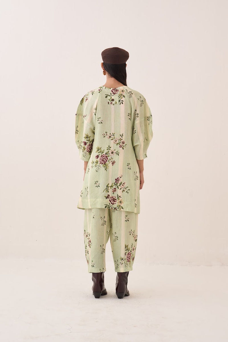 Bagiya Bubble Sleeve Aline Dress Set cotton slub co-ord set by O'Frida in green for women in Singapore