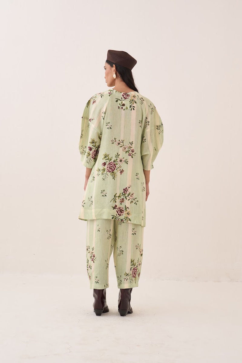 Bagiya Bubble Sleeve Aline Dress Set cotton slub co-ord set by O'Frida in green for women in Singapore