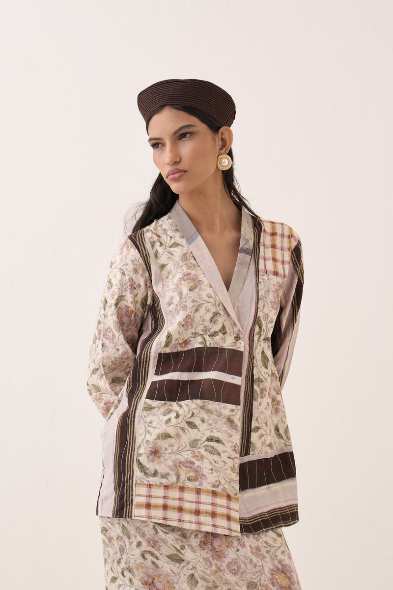 OFR 10 Patchwork Jacket Set cotton slub and bembel muslin co-ord set by O'Frida in ivory for women in Singapore