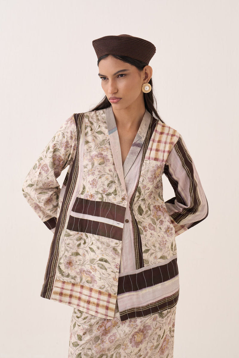 OFR 10 Patchwork Jacket cotton slub and bembel muslin jacket/overlay by O'Frida in ivory for women in Singapore