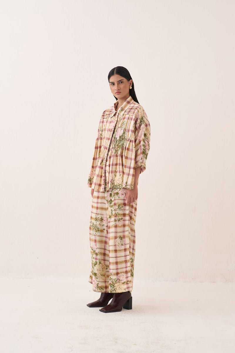 Jaali Rose Pintuck Shirt Set cotton slub co-ord set by O'Frida in ivory for women in Singapore