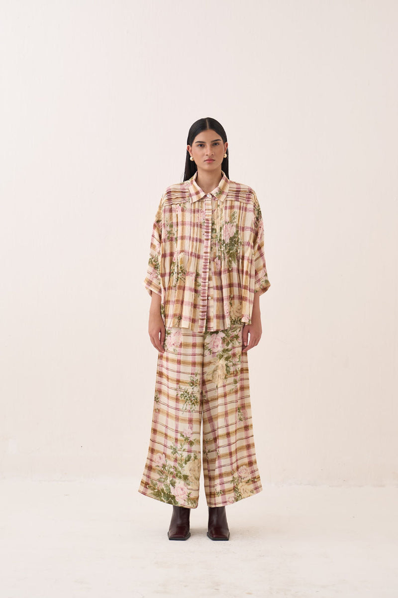 Jaali Rose Pintuck Shirt Set cotton slub co-ord set by O'Frida in ivory for women in Singapore