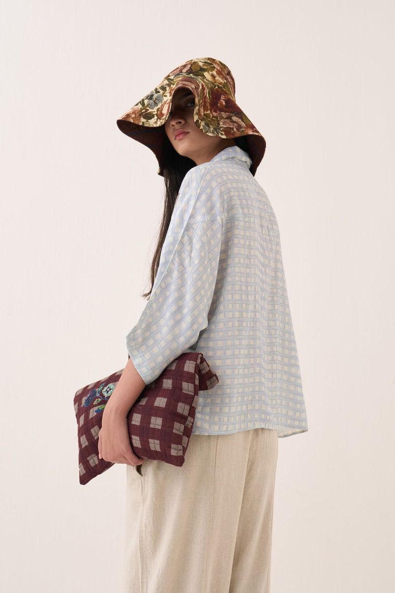 Gingham Ae Shirt cotton slub top/shirt by O'Frida in blue for women in Singapore