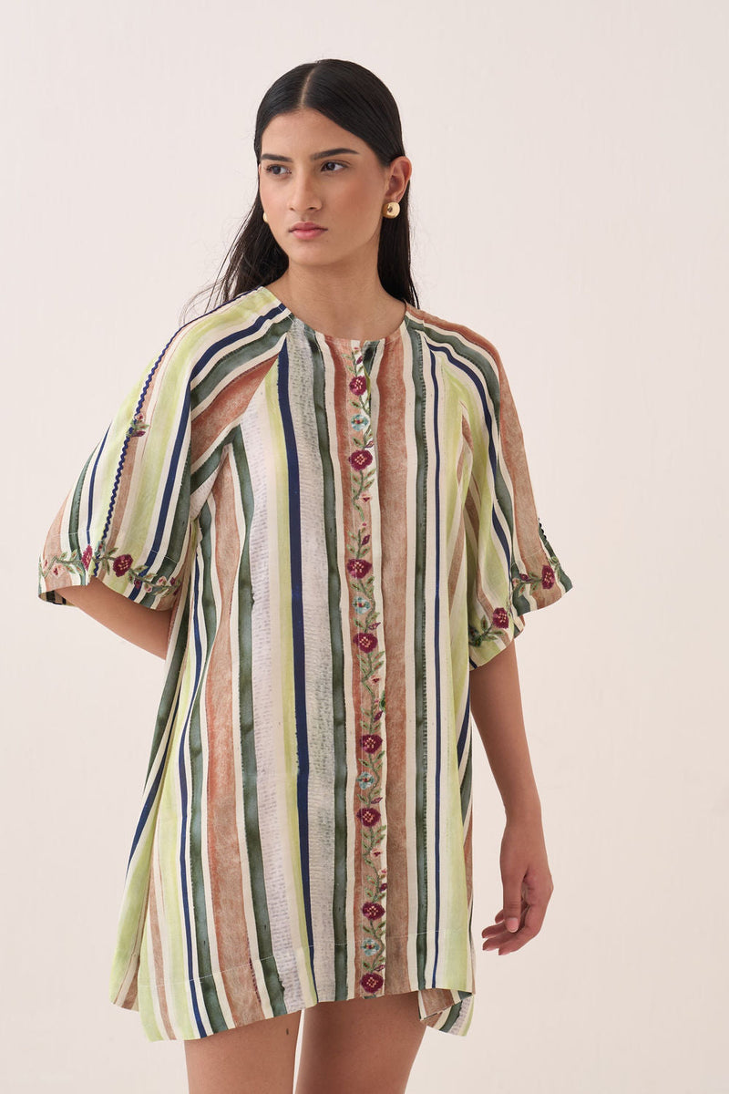 Rekha Short Aline Dress bemberg muslin dress by O'Frida in green for women in Singapore