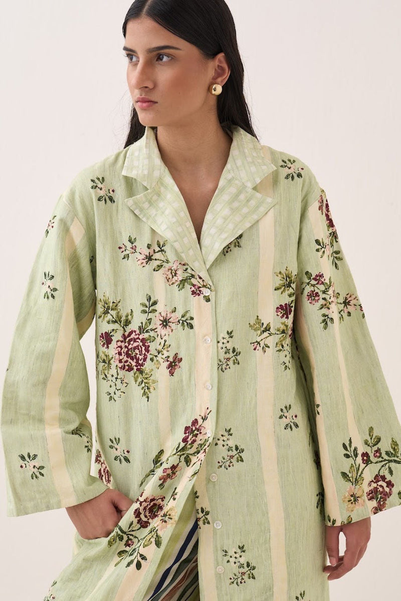 Bagiya Trench Jacket cotton slub jacket/overlay by O'Frida in green for women in Singapore