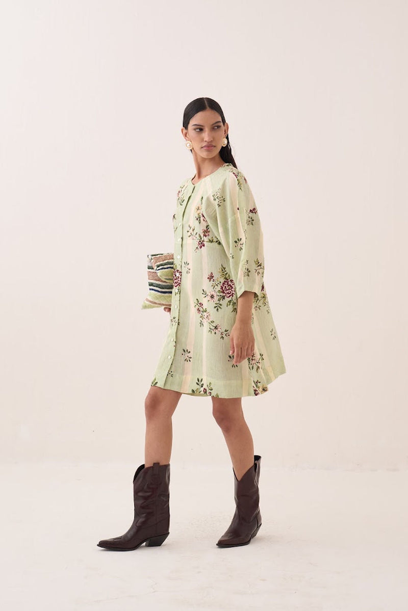 Bagiya Bubble Sleeve Aline cotton slub dress by O'Frida in green for women in Singapore