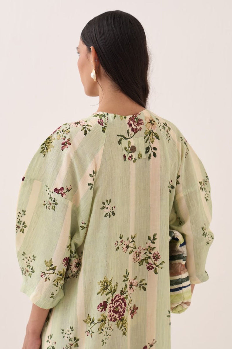 Bagiya Bubble Sleeve Aline cotton slub dress by O'Frida in green for women in Singapore
