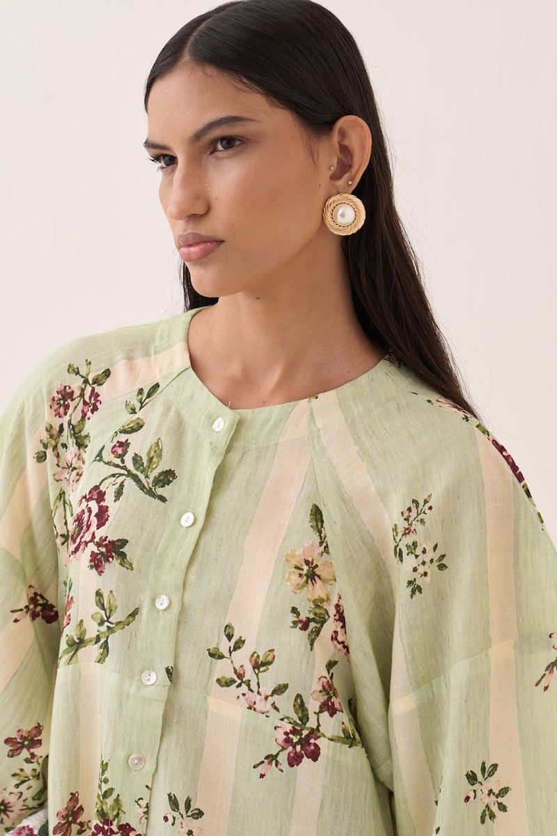 Bagiya Bubble Sleeve Aline Dress Set cotton slub co-ord set by O'Frida in green for women in Singapore