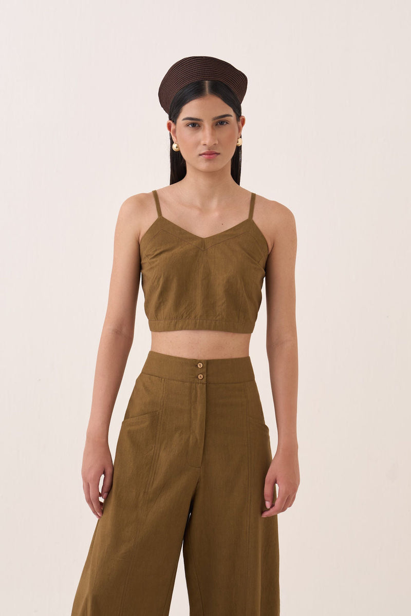Sage Bralette Top Set cotton slub co-ord set by O'Frida in olive for women in Singapore