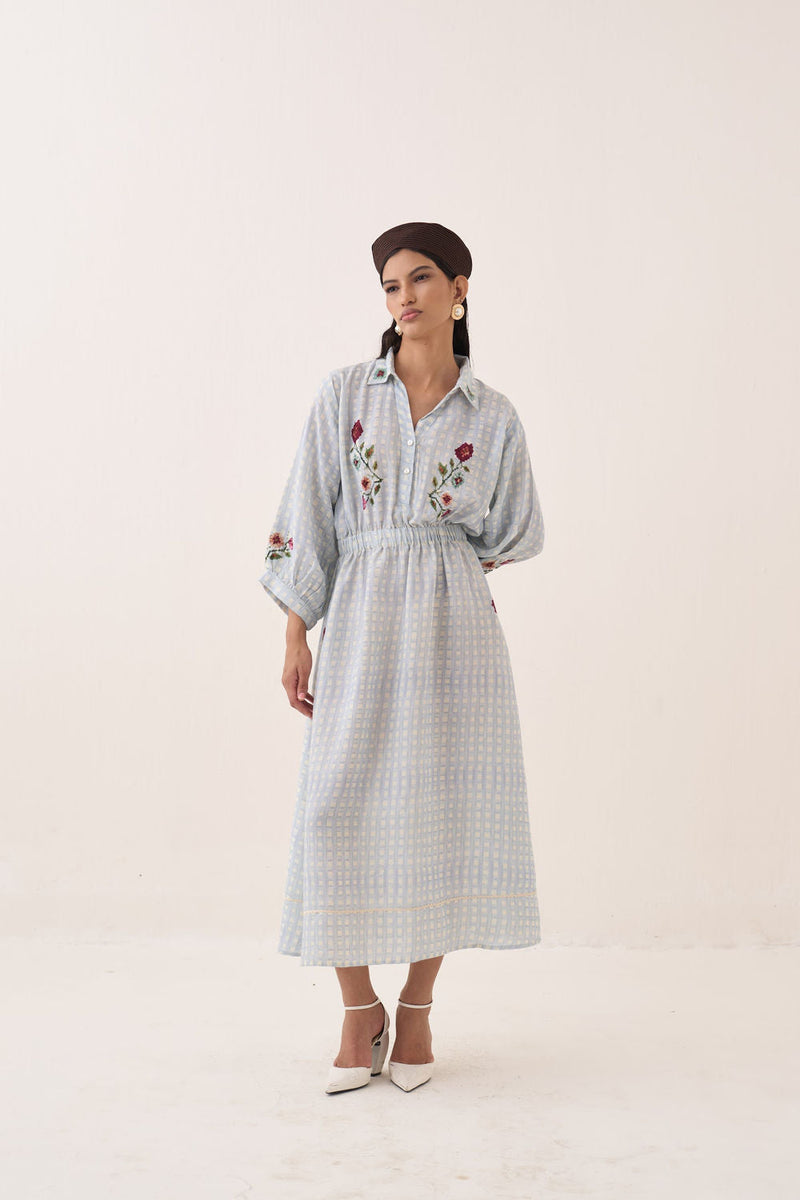 Gingham Poem Dress cotton slub dress by O'Frida in blue for women in Singapore