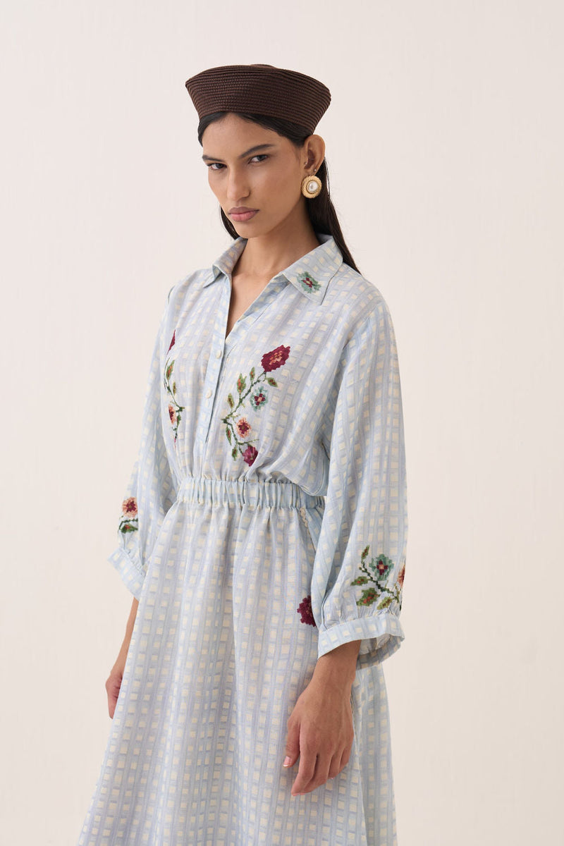 Gingham Poem Dress cotton slub dress by O'Frida in blue for women in Singapore