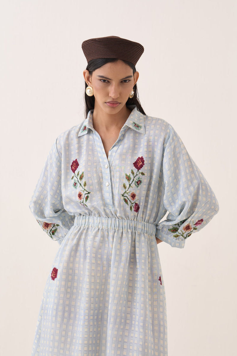 Gingham Poem Dress cotton slub dress by O'Frida in blue for women in Singapore