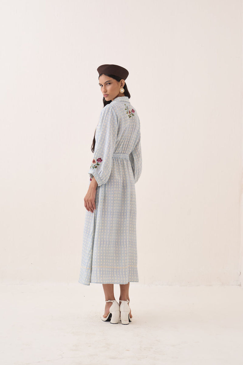 Gingham Poem Dress cotton slub dress by O'Frida in blue for women in Singapore