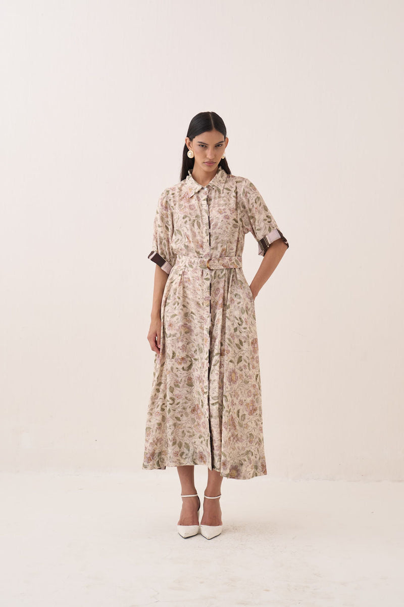 Gulzar Front Placket Aline bemberg muslin dress by O'Frida in ivory for women in Singapore