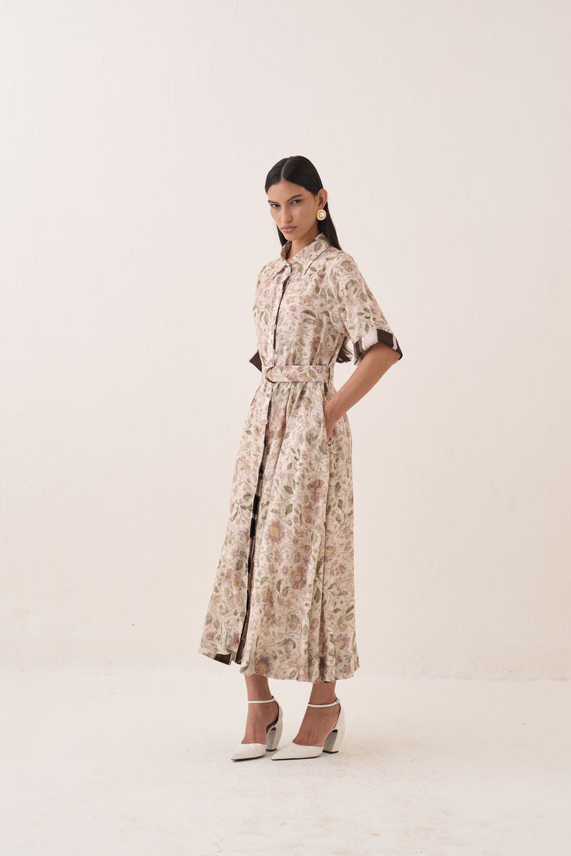 Gulzar Front Placket Aline bemberg muslin dress by O'Frida in ivory for women in Singapore