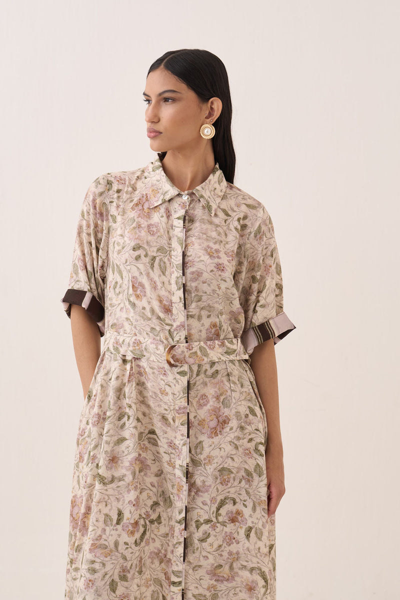 Gulzar Front Placket Aline bemberg muslin dress by O'Frida in ivory for women in Singapore