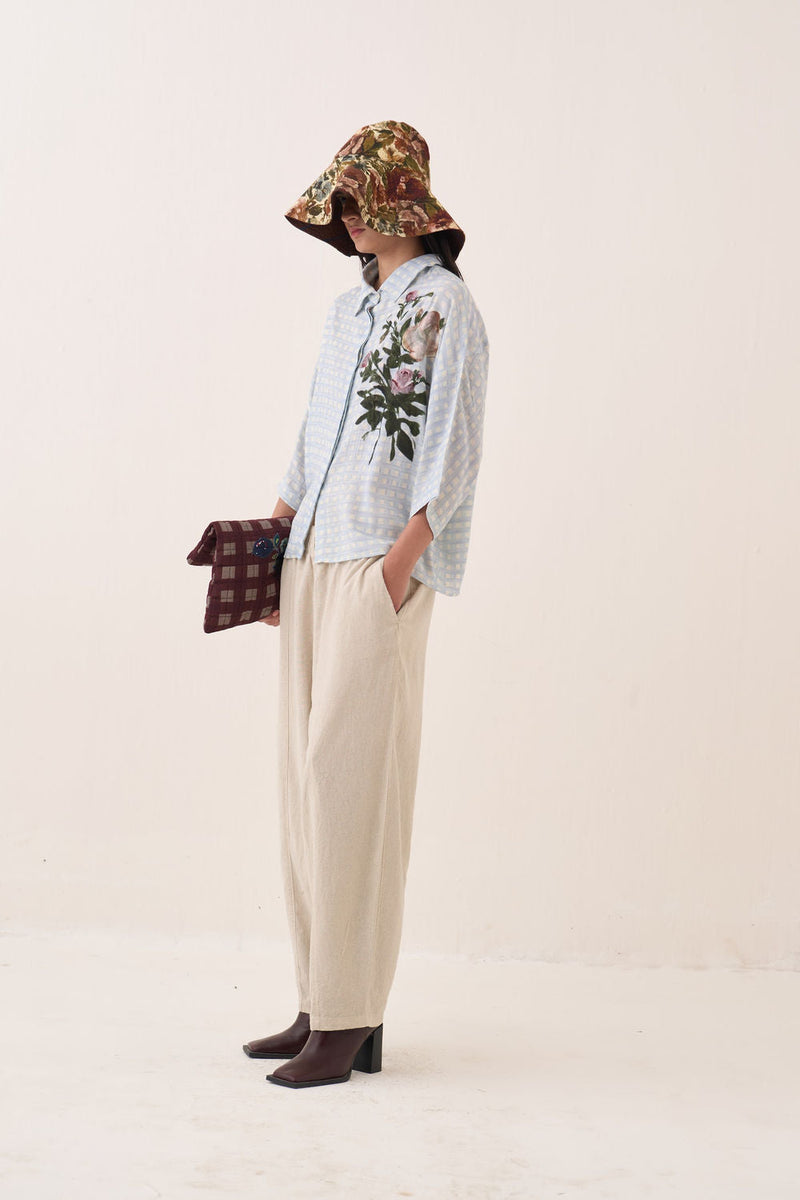 Gingham Ae Shirt Set cotton slub co-ord set by O'Frida in blue for women in Singapore