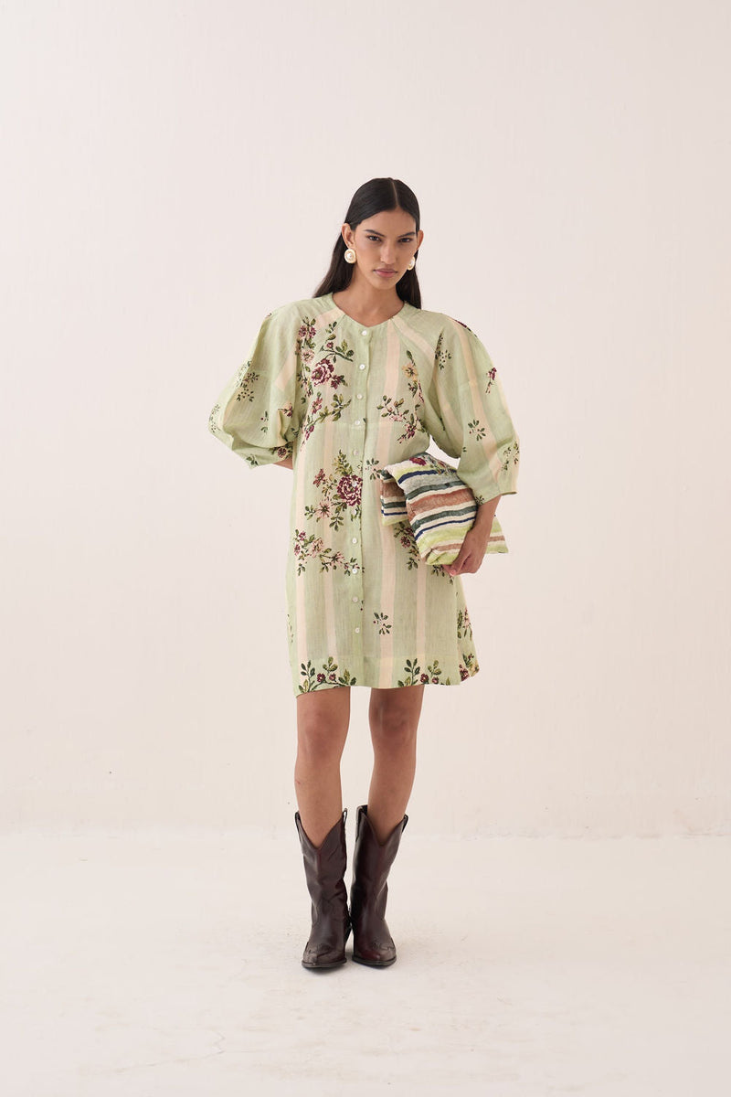 Bagiya Bubble Sleeve Aline cotton slub dress by O'Frida in green for women in Singapore